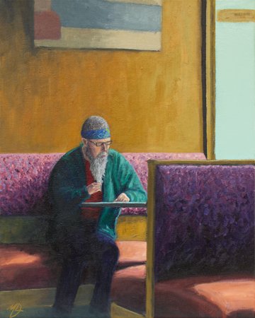 American café painting depicting an old hippie in a Woodstock, New York bar.