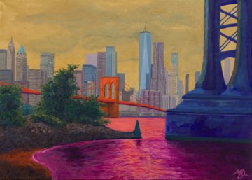 A painting of the Manhattan skyline with the Freedom Tower and Brooklyn Bridge.