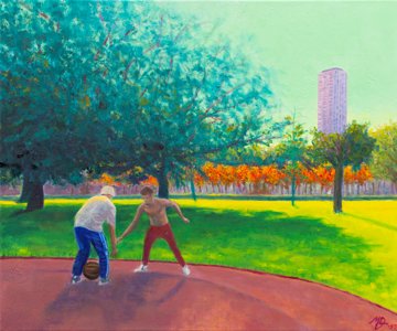 Impressionistic city-life painting of two men playing basketball in a park in Eindhoven.