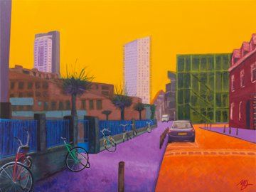 Artwork with bikes and residential buildings in Eindhoven, The Netherlands, painted with saturated colors.