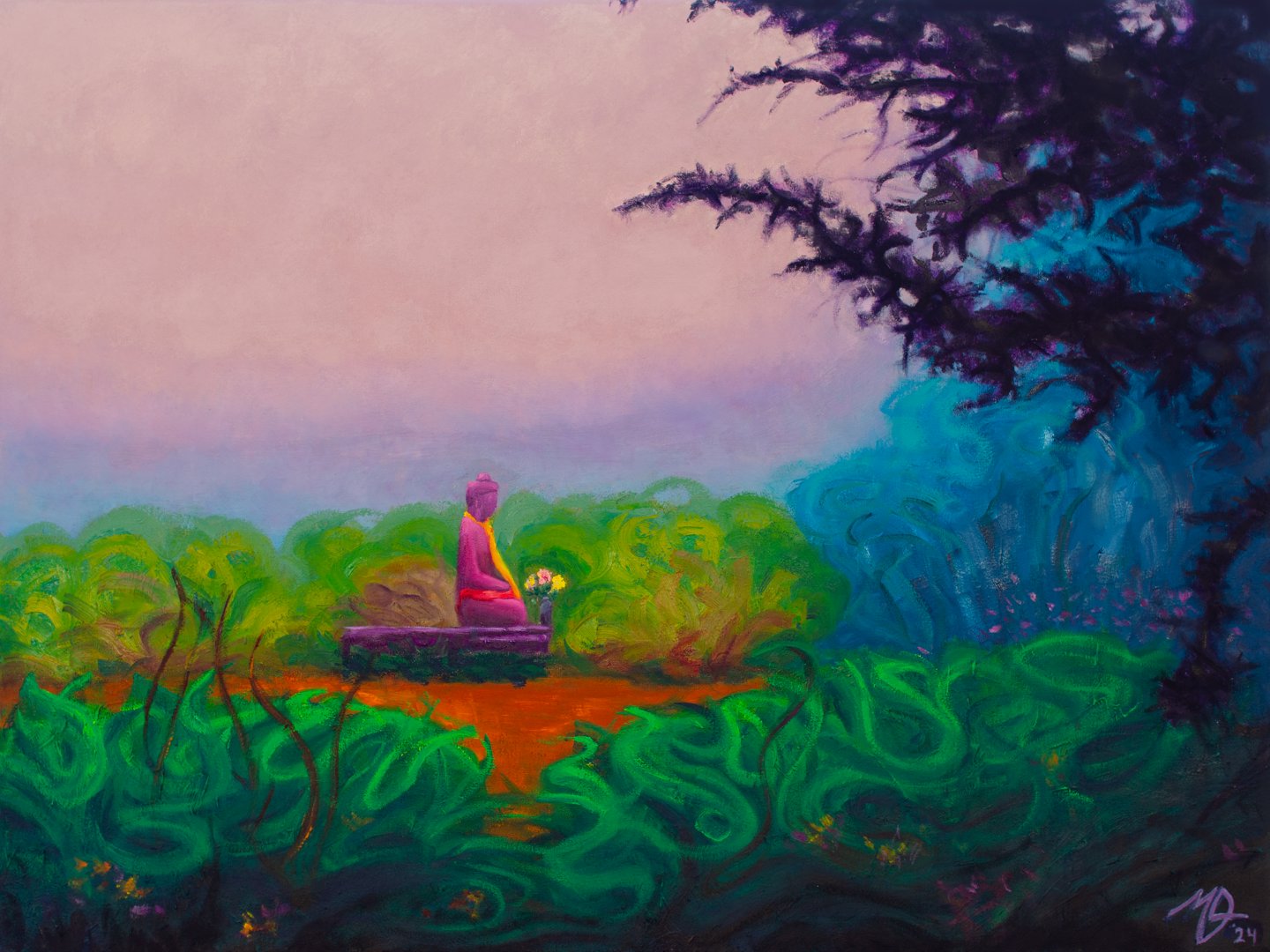 A vibrant impressionistic painting of a Buddha statue in a misty field.