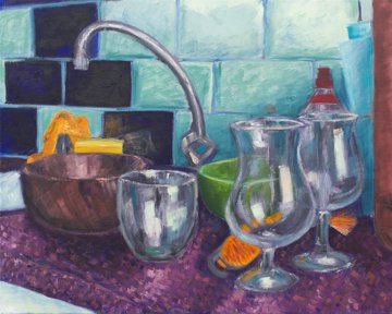 Colorful oil painting of dishes on the kitchen counter.