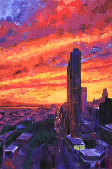 Modern impressionistic painting of a sunset in Downtown Brooklyn in New York City.