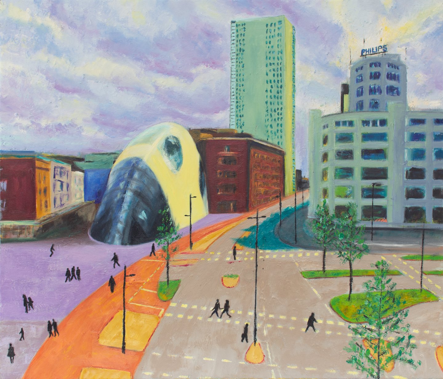 Exceptionally colorful and impressionistic painting of the streets around the Lichttoren in Eindhoven, Netherlands.