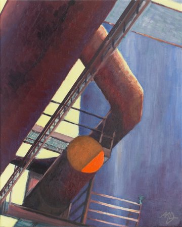 Modern painting of tubes at an industrial park with strong color contrasts.