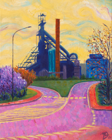 Impressionistic oil painting with vivid colors of a steel factory in Liege (Luik), Belgium.