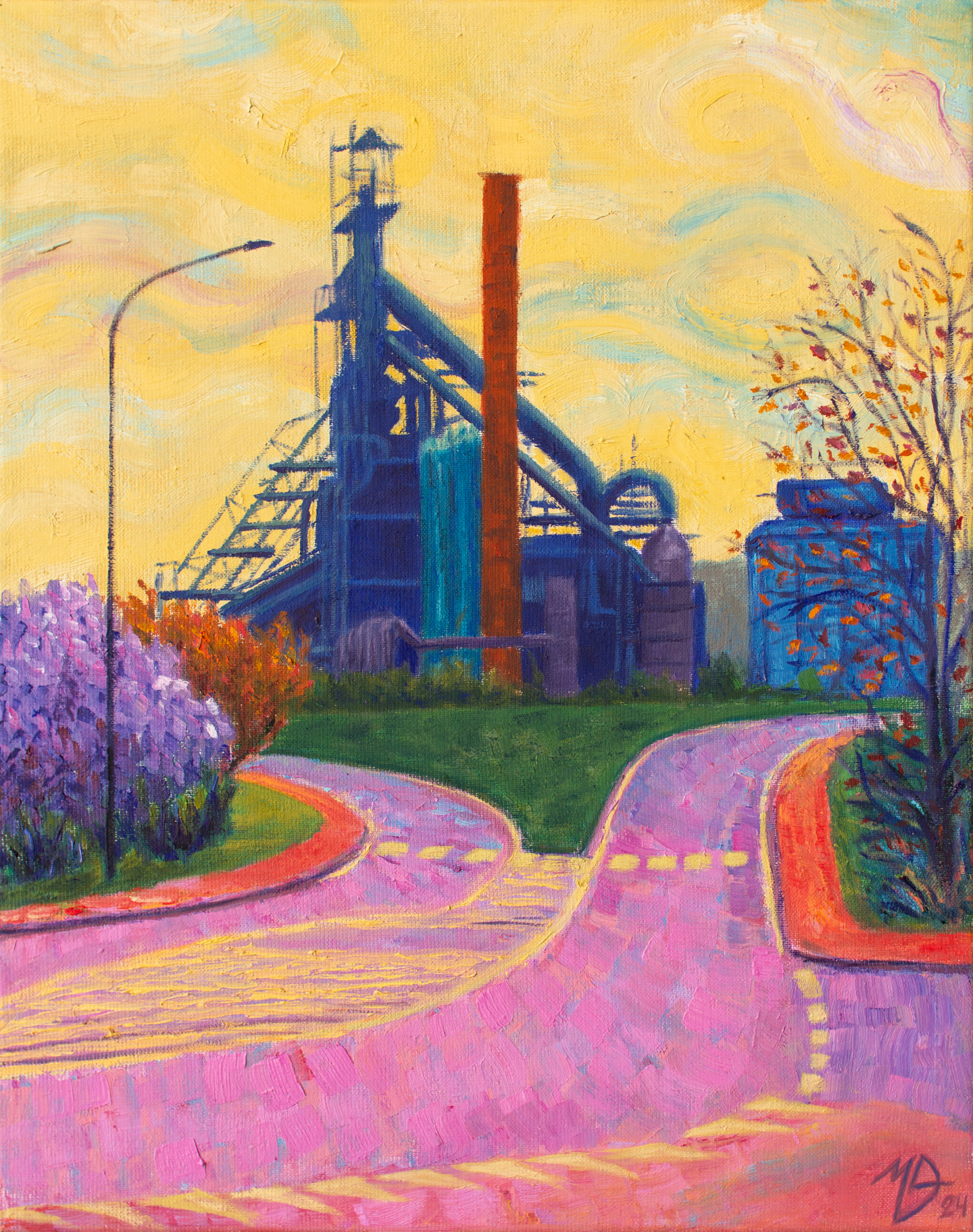 Impressionistic oil painting with vivid colors of a steel factory in Liege (Luik), Belgium.