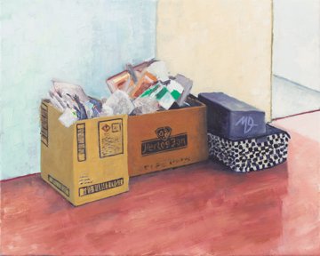 Impressionistic painting with boxes of paper waste in the hallway with striking color contrasts.