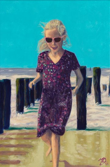 An impressionistic artwork of a girl running through the surf on a beach in the Netherlands.