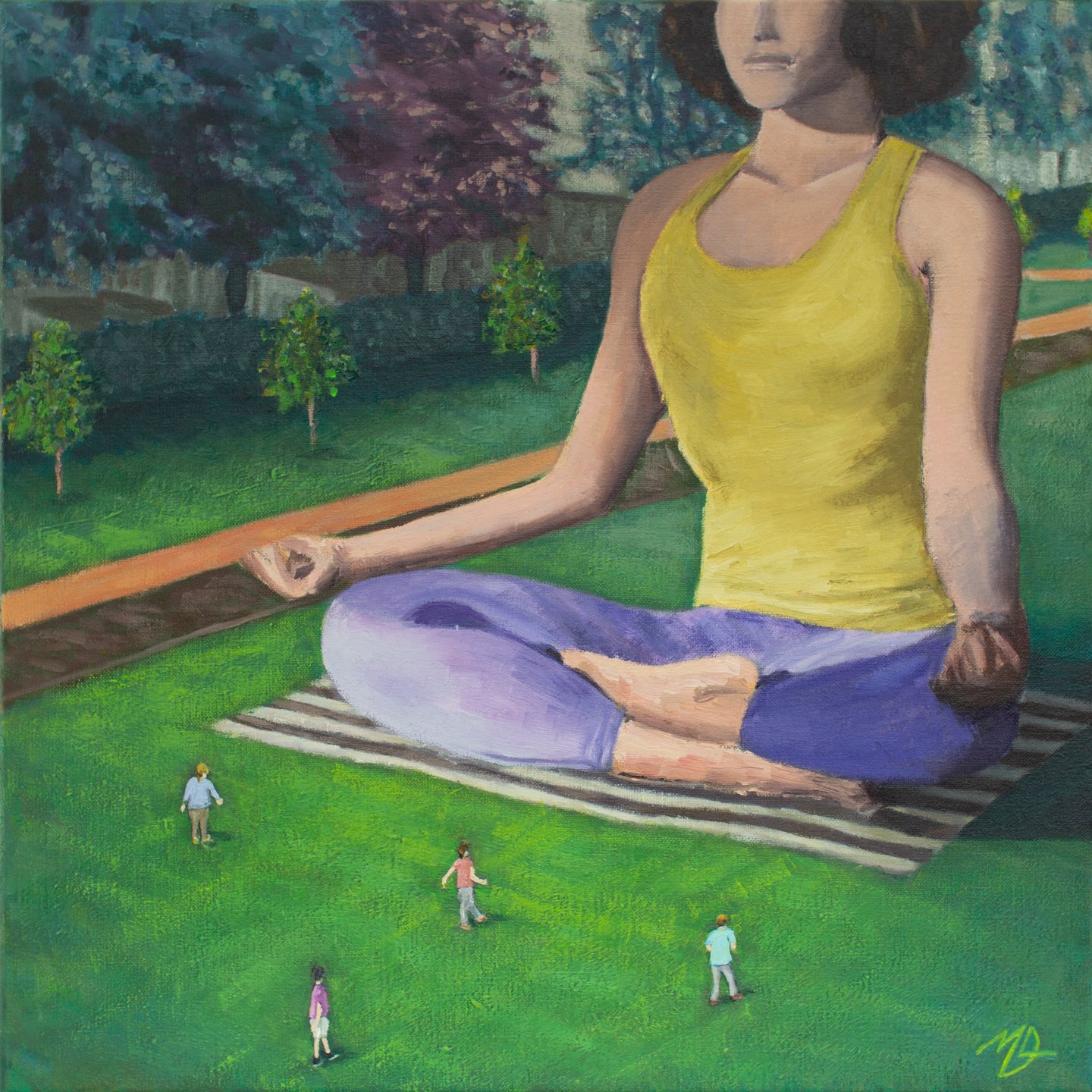 Oil painting of a gigantic woman showing off her meditation skills in a park.