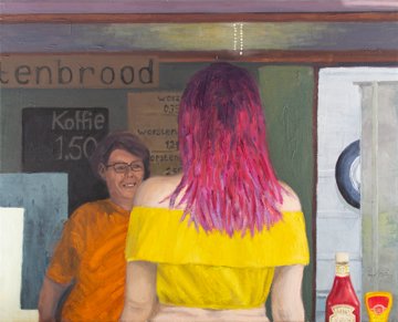 This food truck painting depicts a young lady ordering a sausage roll.